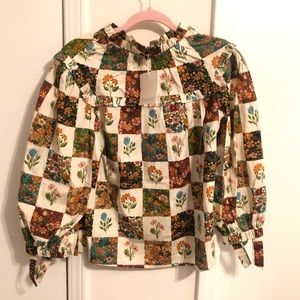 Olivia James patchwork ruffle tie puff sleeve top